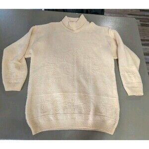 1990s Mairi Made In Scotland Size L Cream Pure New Wool Mock Neck Sweater